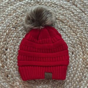 Kids Vibrant Red Knit Hat with Faux Fur Pom-Pom